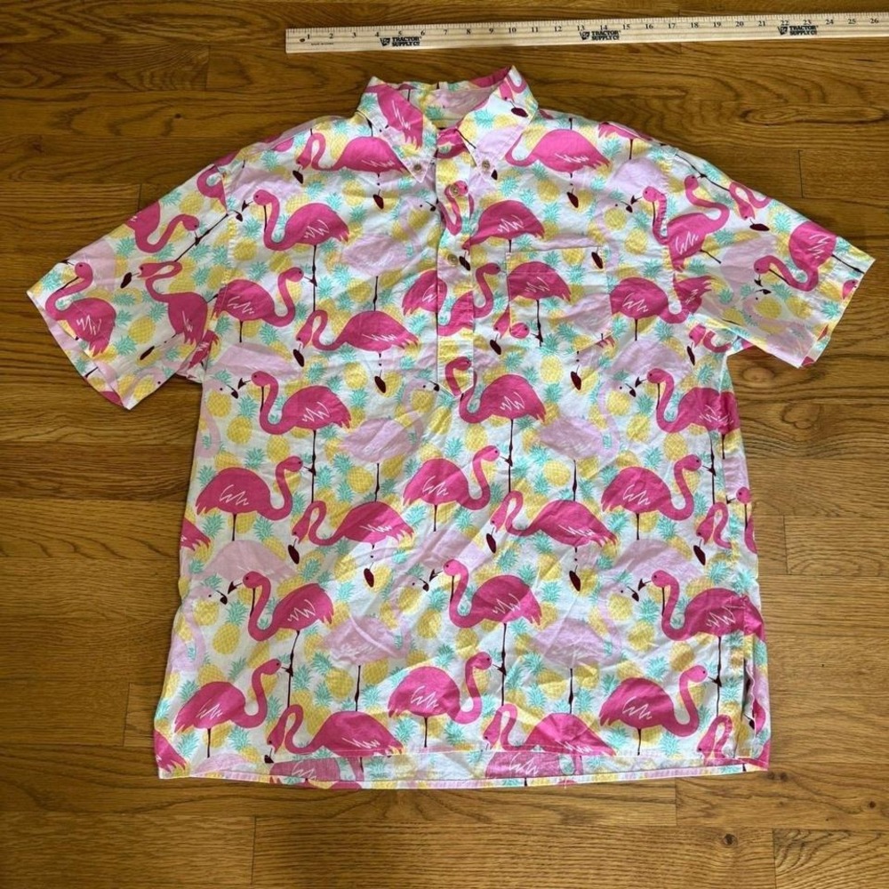 The Nutter Made in the USA Flamingo/Pineapple Collared Tee Shirt Medium
